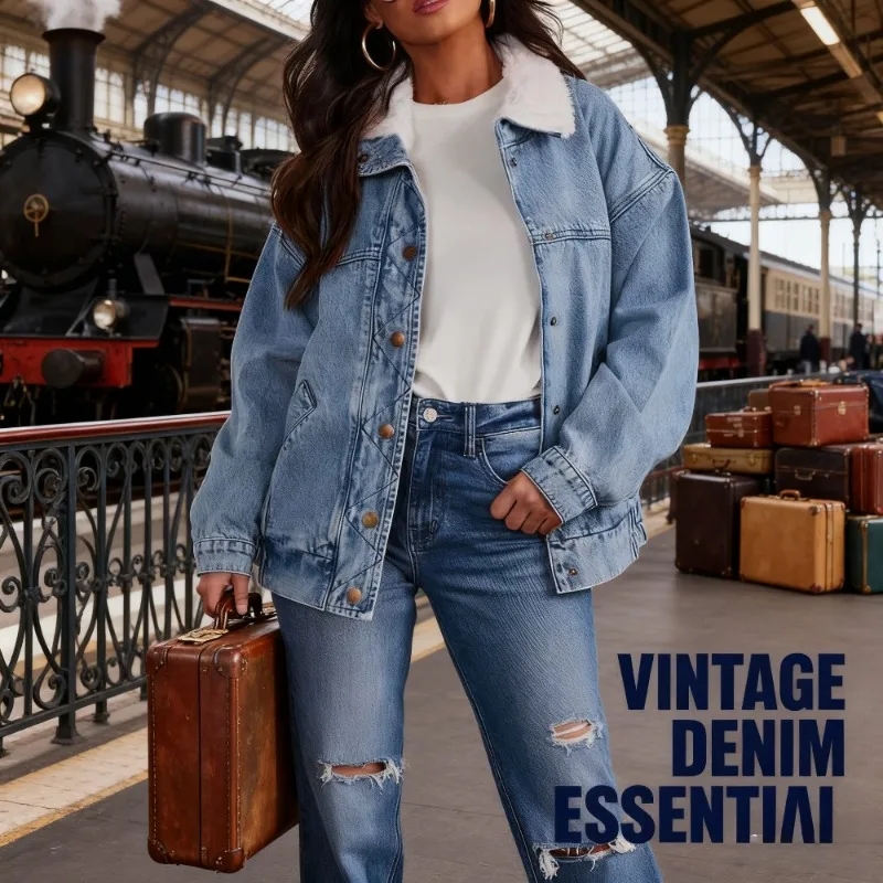 

Eco Shearling Denim Jacket with Stone Wash Finish and Windproof Cut for Sustainable Vintage Style