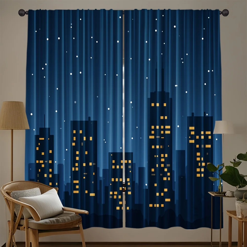 Starry Blue Night City Building Curtain Panels, Urban Skyscraper Full Print Drapes For Living Room Studio Bedroom Home Decor