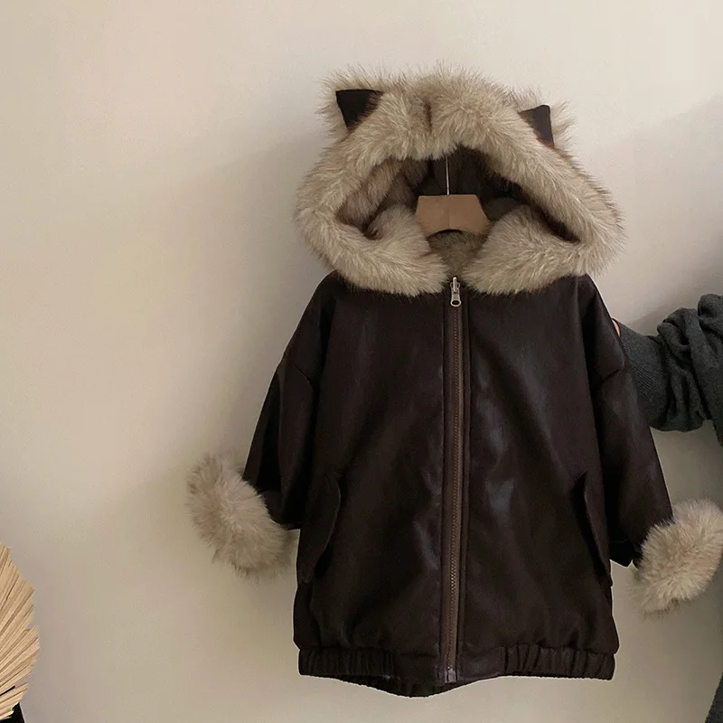 

Winter Teens Girls Warm Leather Jacket Reversible Fur Hooded Thick Children Girl Fleece Outerwear Windproof 3-14Y Kid Girl Parka