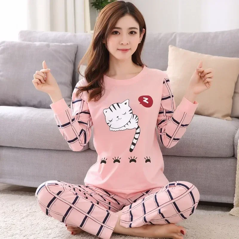 Autumn Thin 2pieces Pyjamas Set Women 2024 Cotton Round Neck Girls Bear Pajamas Sets Teacup Cat Full Sleepwear Tops Pajama Mujer