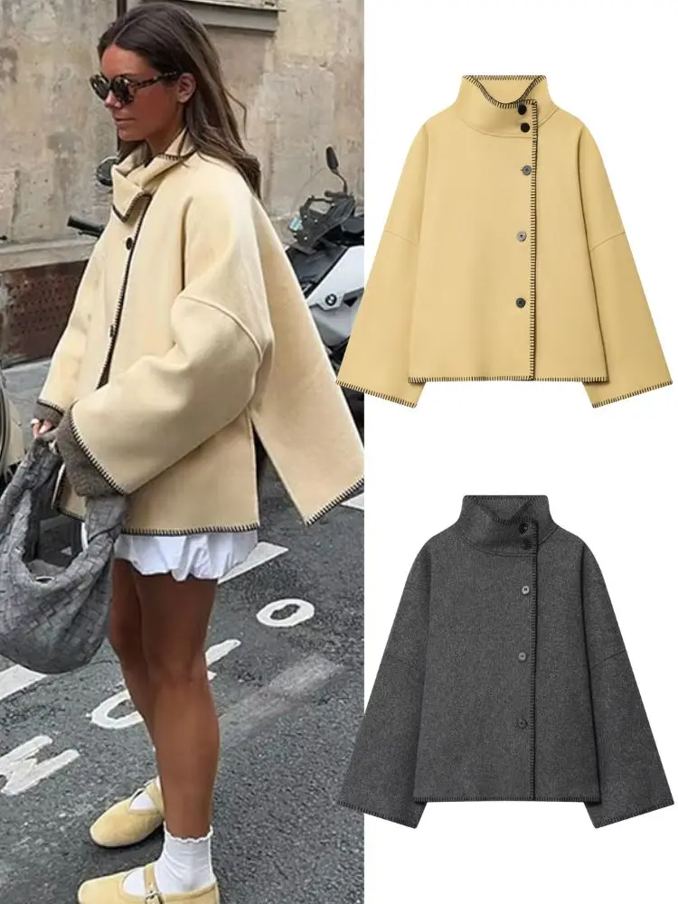 

HH 2025 Autumn Women Solid Loose Jackets Causal Female Wide Shoulder Stand Collar Single Breasted Coats High Street Outwear
