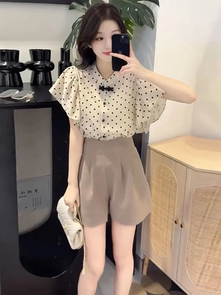 Short Sets For Women 2 Pieces Polka Dots Office Woman Shorts Ruffles Summer Fashion 2024 Cheap And Korean Style Offers Casual