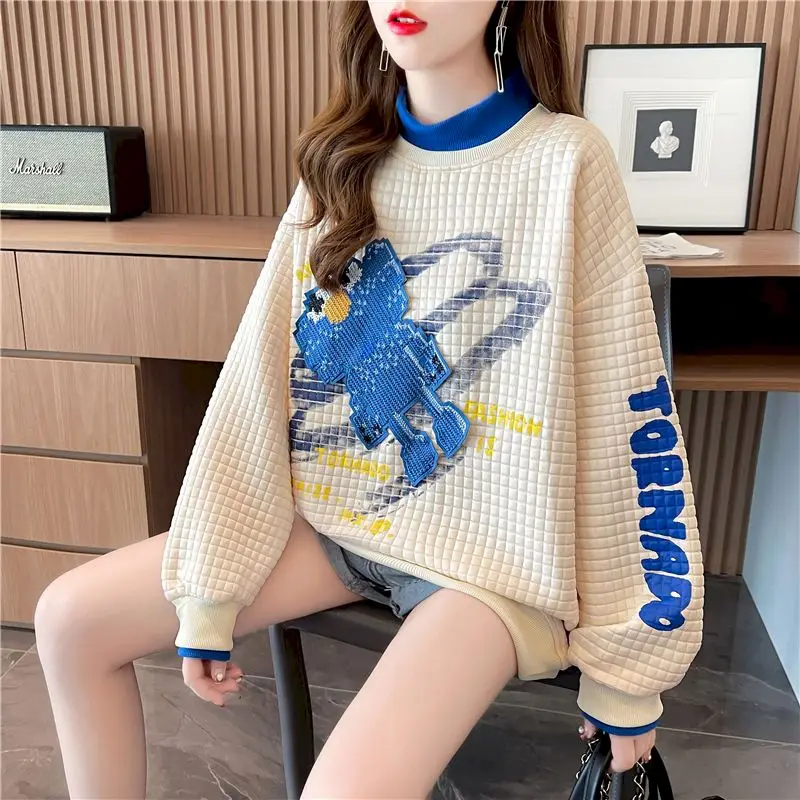 Mode Gefälschte Zwei-stück Pullover Frauen Frühling Herbst Trend Lose Beiläufige Top Harajuku Design Waffel Sweatshirt Frau Y2k Pullover