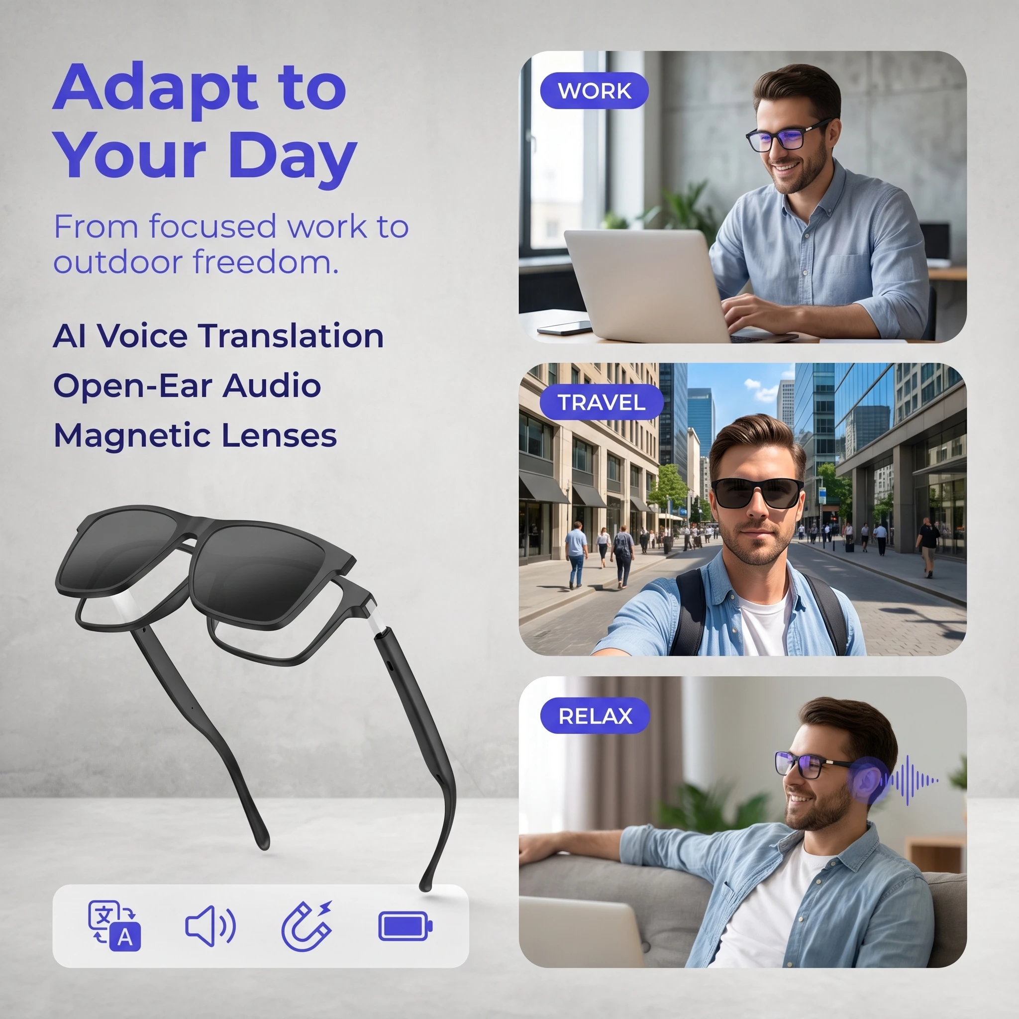 Smart Bluetooth Glasses with Magnetic Sunglasses Clip, Ultra Thin Temple Spring Hinge Audio Glasses, Touch Control Music Call Eyewear for Outdoor Travel