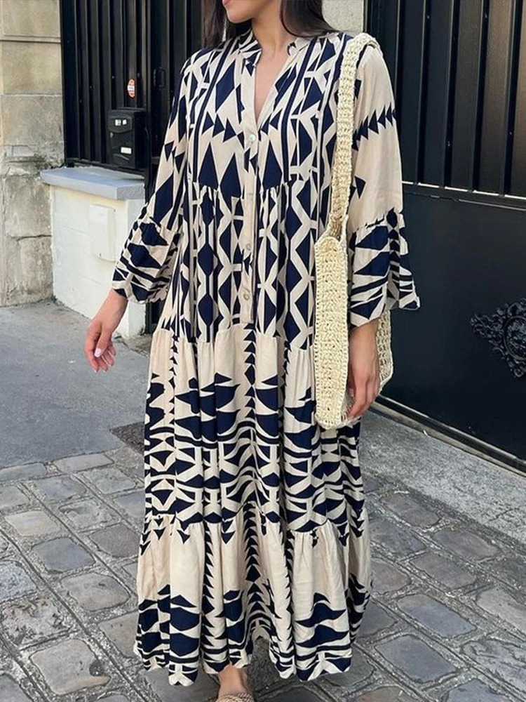 Long Dresses Women Summer Long Sleeve Pleated Boho Print Dress Ladies Fashion Vintage Boho Beach Maxi Dresses Vestidos