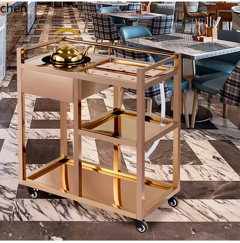 HXL Stainless Steel Tea Water Trolley Multifunctional Hotel Tea House Restaurant Movable Service Cart