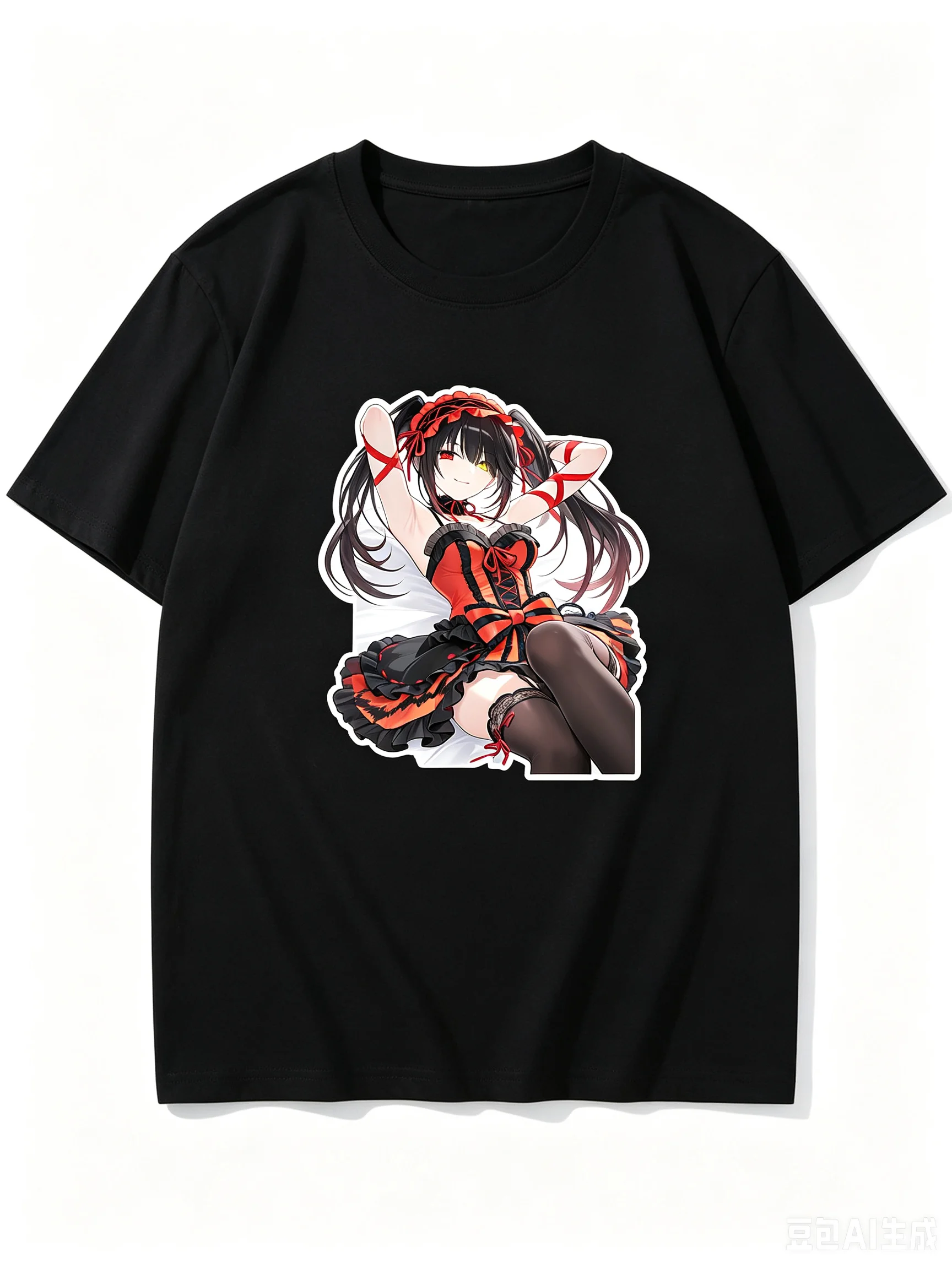 2026 New Unisex Crew Neck Casual Short Sleeve T-Shirt With Kurumi Tokisaki Gothic Outfit Cutout Anime Print T-Shirt