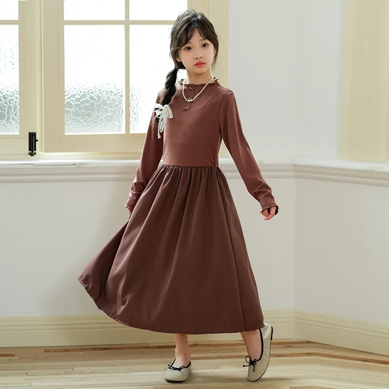 

Autumn Winter School Girl High Stretch Long Sleeved Dress Junior Girl Black Fungus Edge Medium Long Girls' Base Dress For Girls