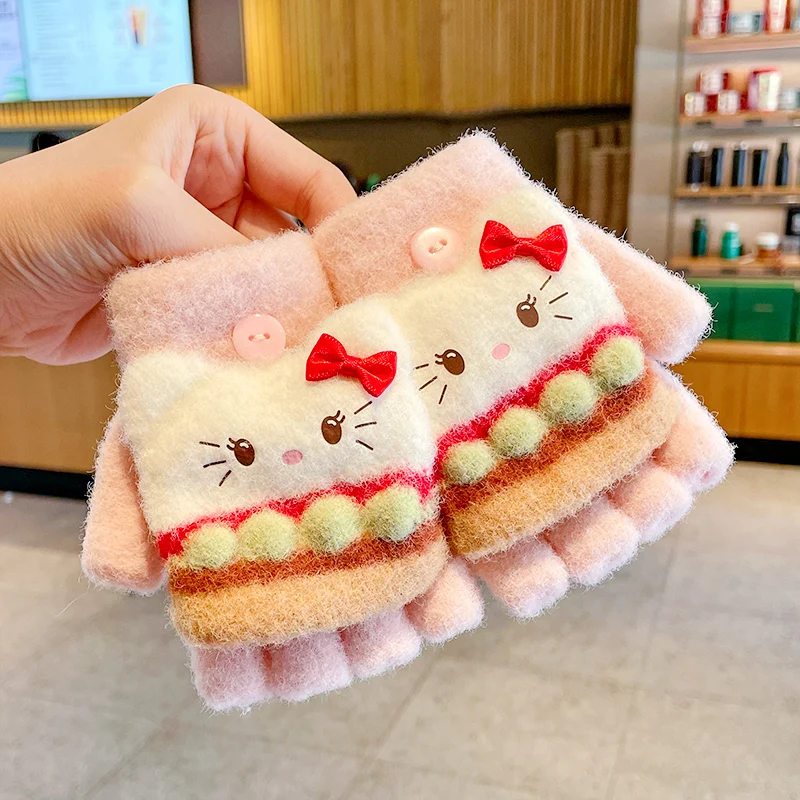 

Детские перчатки Hello Kitty, новые зимние перчатки для детей от 3 до 6 лет, милые теплые перчатки с откидной крышкой для девочек, утепленные незамерзающие напальчники с героями мультфильмов