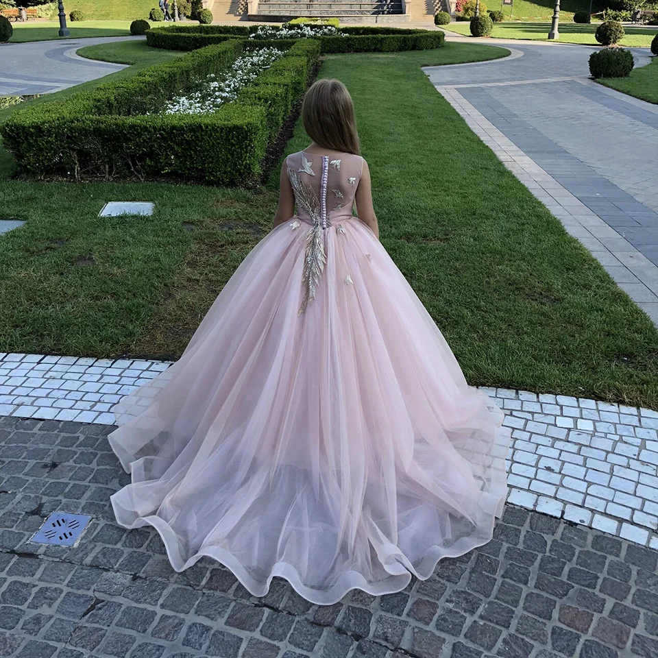 Abito da ragazza di fiori rosa chiaro per abito da sera con abito da ballo per feste di compleanno per bambini senza maniche in Tulle da sposa