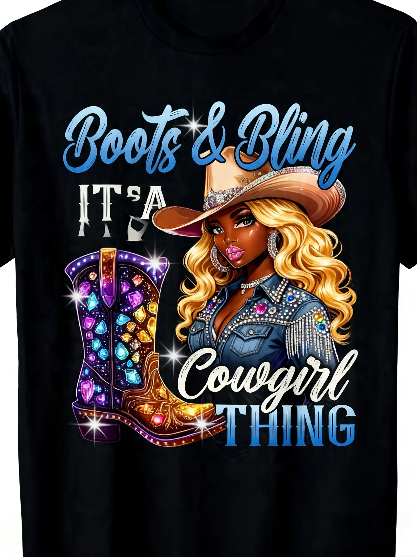 Boots Bling Is a Cowgirl's Style Black Cowgirl Melanin TShirt Casual Short Sleeve Crew Neck Tee Made of Extremely Soft Summer Tee Perfect for Easter Father's Day Mother's Day Gift1Retro Casual Short-sleeved T-shirt with a Round Neck and Printed