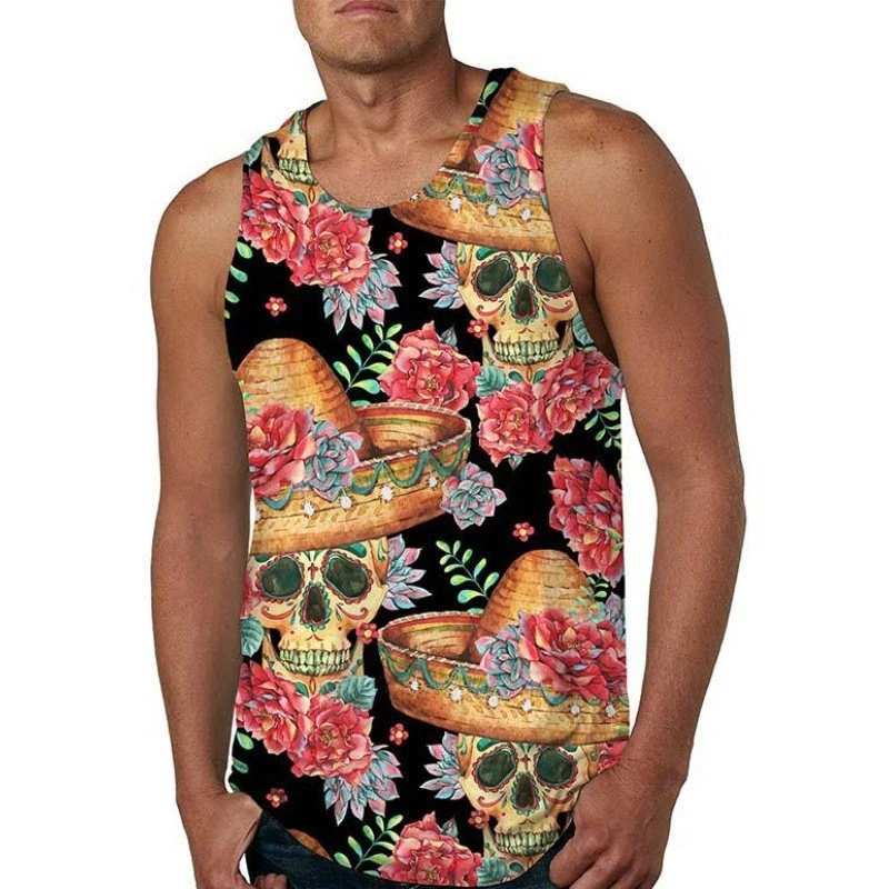 3D Skull Tank For Men's Summer Street Flowers Hawaii Man Vest Sleeveless Shirts Round-Neck Plus Size Tops 6XL Sports Tank Tops