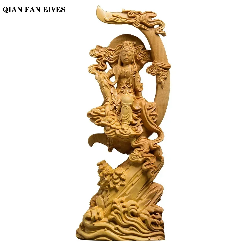 

Wooden carved sun and moon Guanyin statue Modern art sculpture Chinese Guanyin Bodhisattva Home living room decoration statue