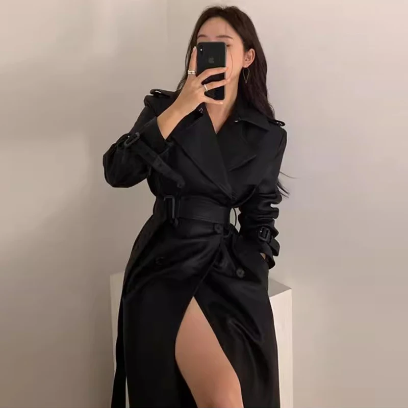 Sli Autunno Inverno Retro Ele Colletto a doppia fila Bottoni Versatile dimagrante Cappotto Jaet in pelle di media lunghezza da donna