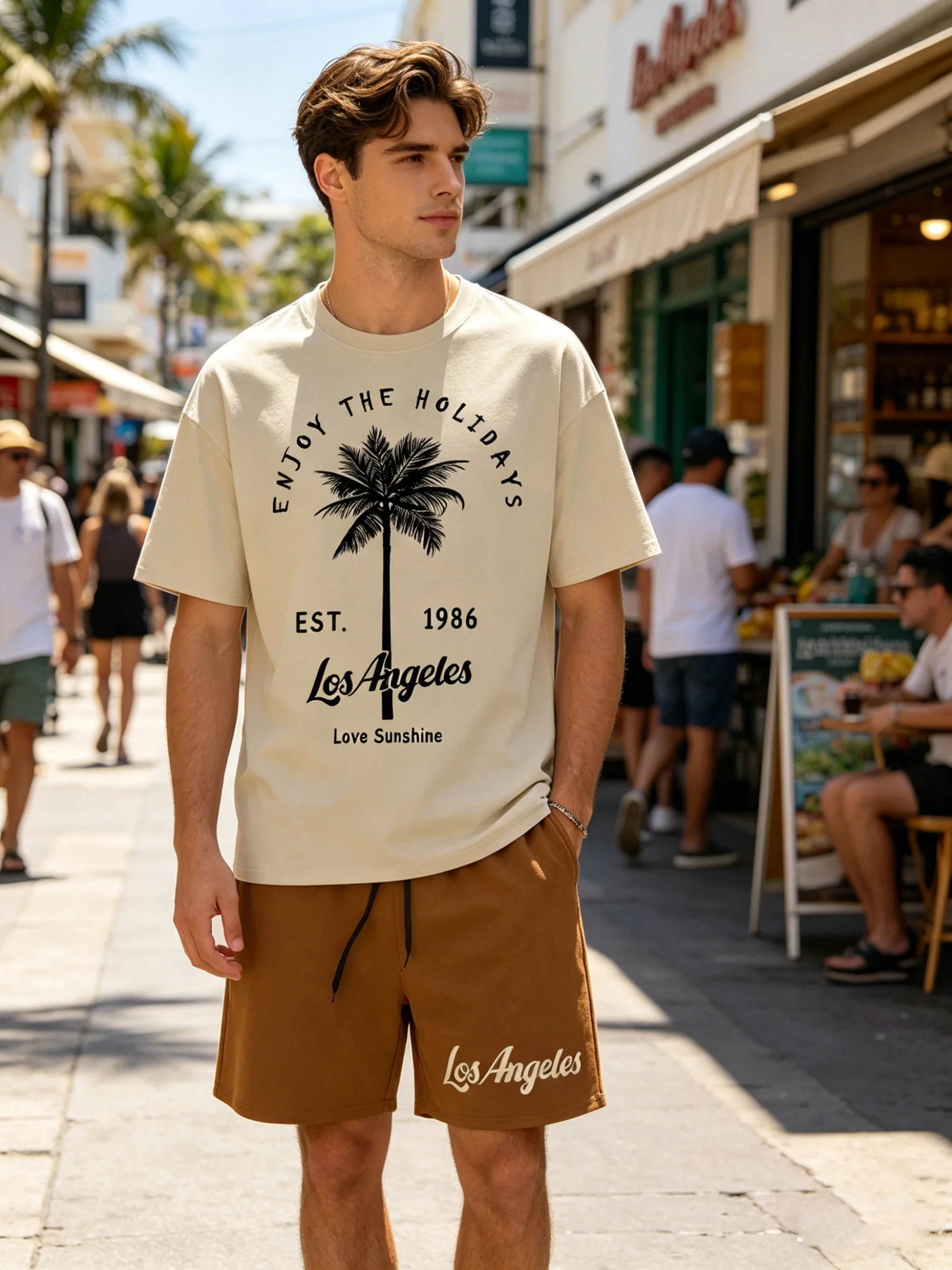 

Men’s LA Palm Tree Print T-Shirt & Shorts, Casual 2-Piece Set for Vacation & Everyday