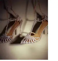 Pointed Toe Rhinestone Hollow ankle straps buckle Stiletto Heels Sandals Solid Ankle Cross Strap Buckle Female Shoes Silver