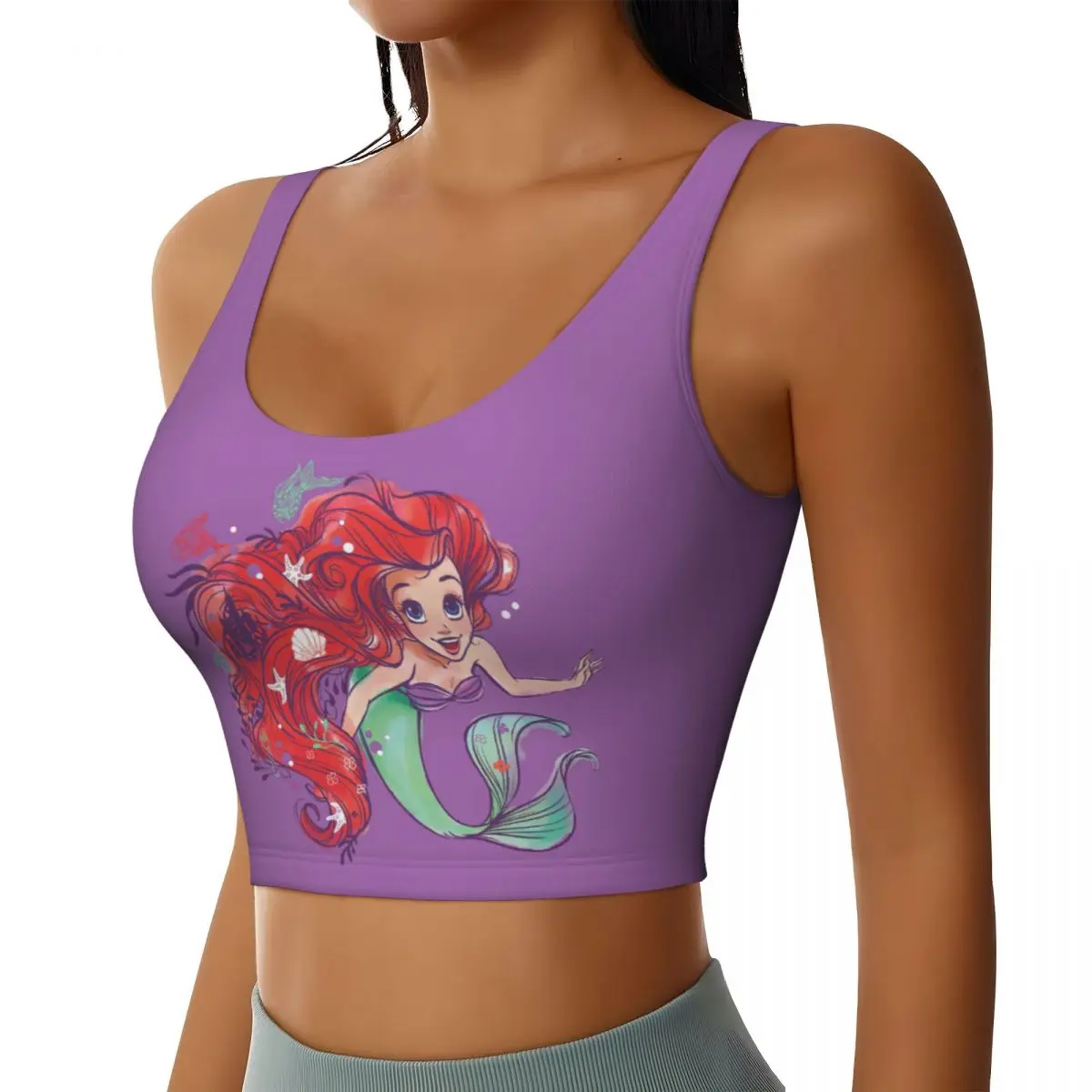 Custom Decorated Hair Princess Ariel Watercolor Sports Bra for Women High Impact Workout Yoga Crop Top