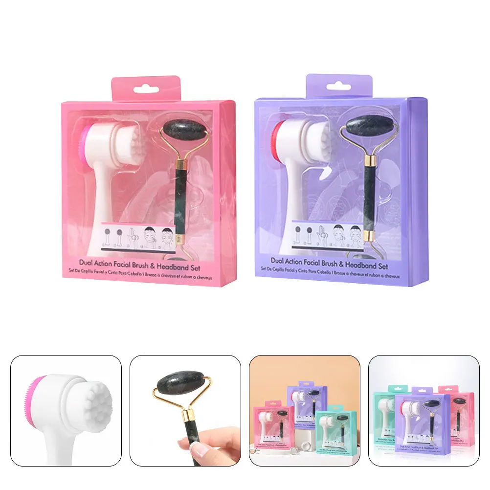 2-teiliges Jade-Roller-Massage-Set mit Doppelseitiger Gesichtsreinigungsbürste, Manueller Gesichtsmassager und Hautpflege-Massagegerät