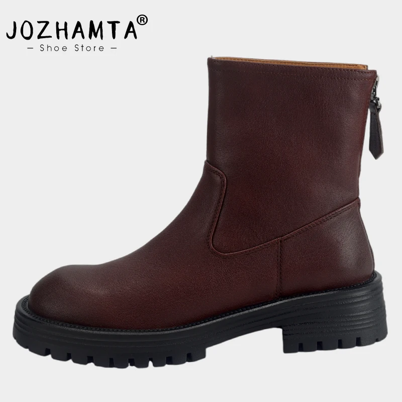 

JOZHAMTA Size 34-40 Women Ankle Boots Genuine Leather Chelsea Short Booties Thick Heels Platform Shoes Fall Winter 2024 Dress