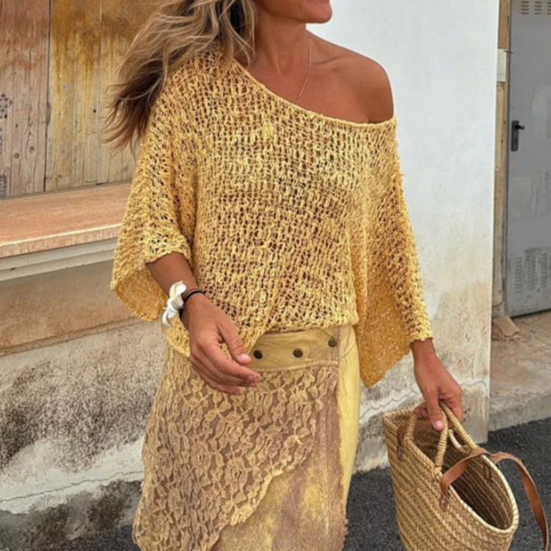 

Summer Beach Vacation Knitted Pullovers Casual Solid Color Hollow Out Women's Commute Tops Elegant O Neck Long Sleeve Loose Tops