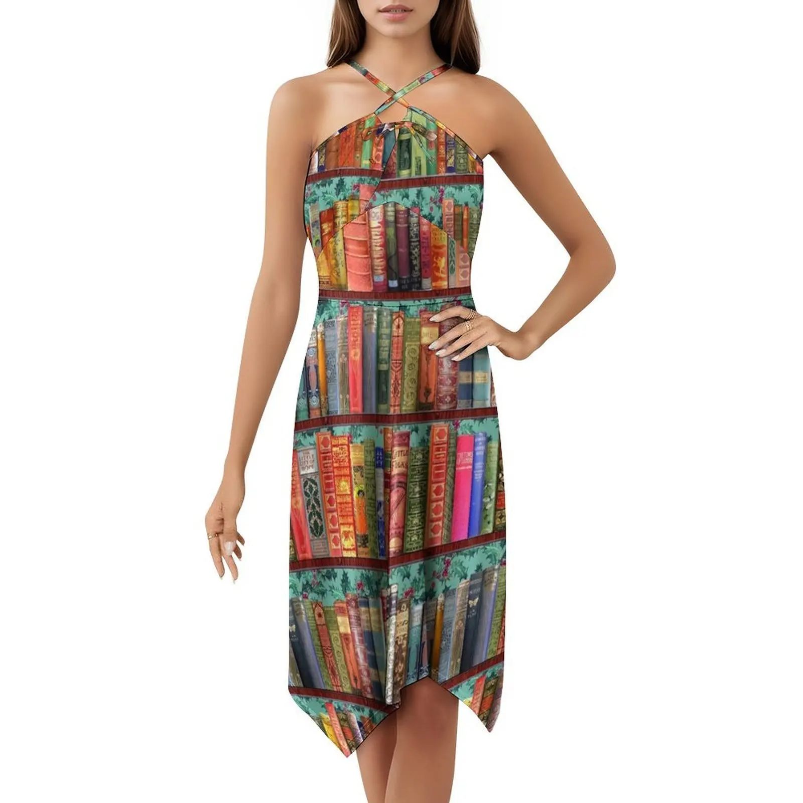 كتب عيد الميلاد خمر هولي البوهيمي فستان بلا أكمام متعدد الطباعة شاطئ عطلة فستان الحفلات كتب خمر رف الكتب العتيقة #5