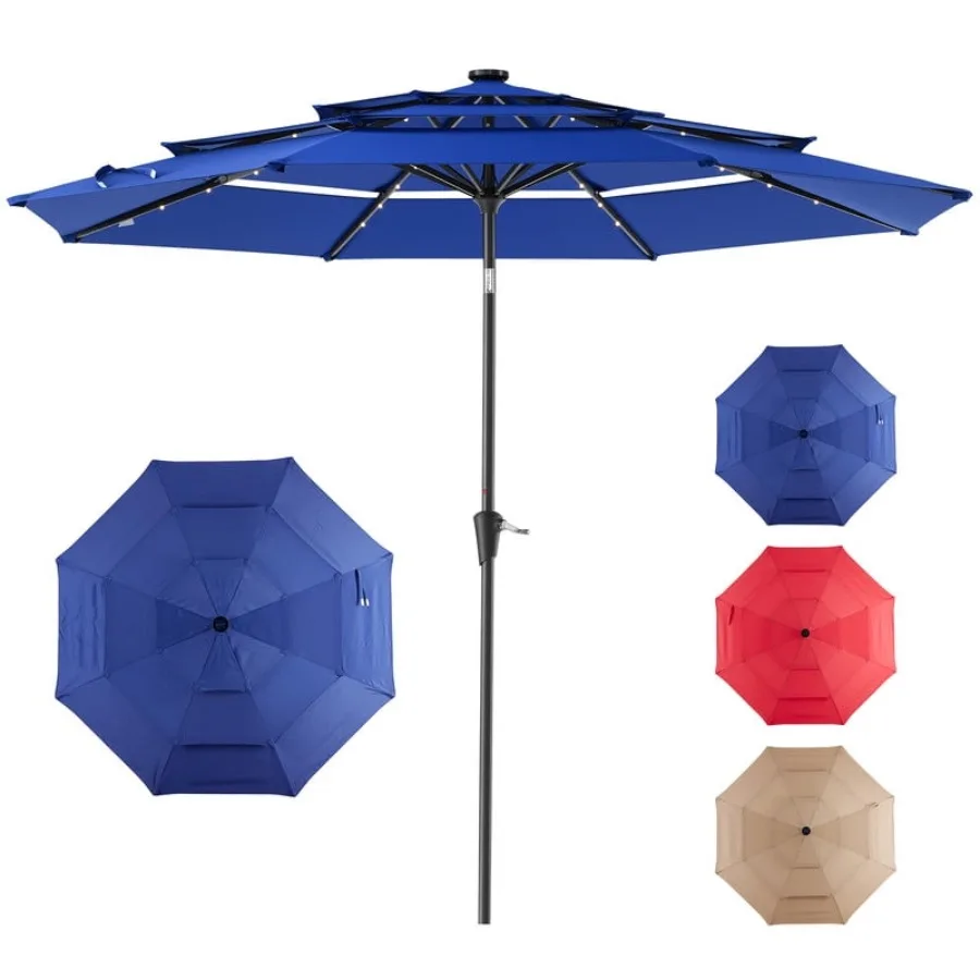 

10 FT 3-Layer Solar Patio Umbrella, 32 LED Lights Market Umbrella with Adjustable Tilt, 8-Rib Outdoor Sunshade for Backyard, De
