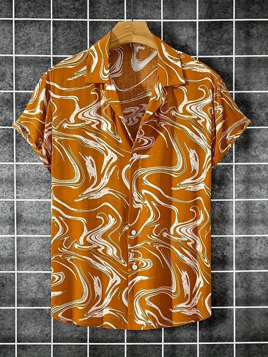 

Abstract Swirling White Print Amber Hawaiian Shirt Men Casual Beach Summer Button Up Top