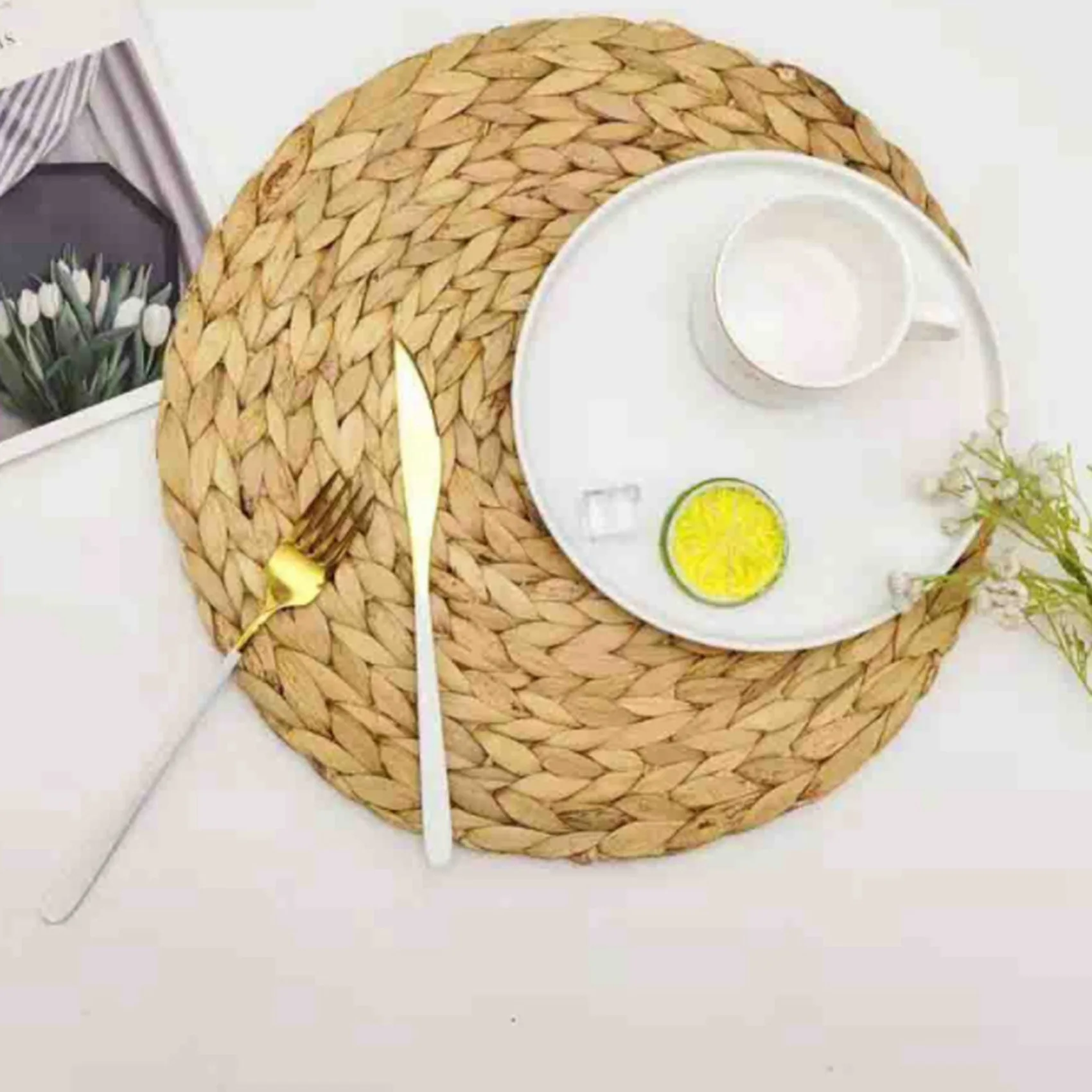 

AB35-8 Pack Round Water Hyacinth Placemat,Quality Woven Wicker Table Place Mats,38Cm