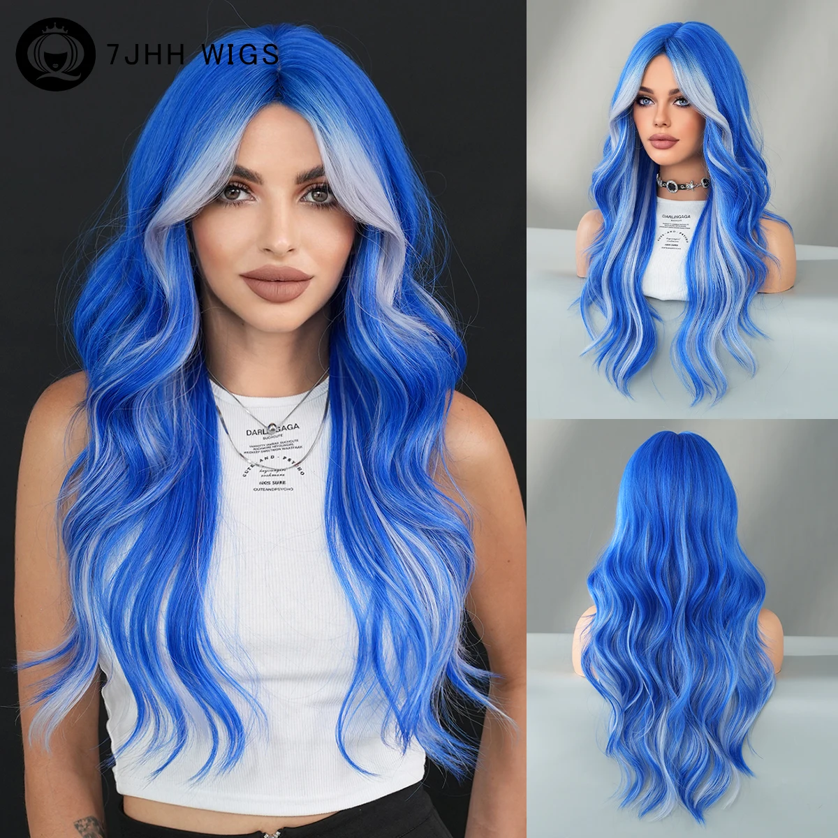 

Blue Highlight White Wig with Curtain Bangs High Density Synthetic Body Wave Wigs for Women Daily Party Heat Resistant 25.59Inch