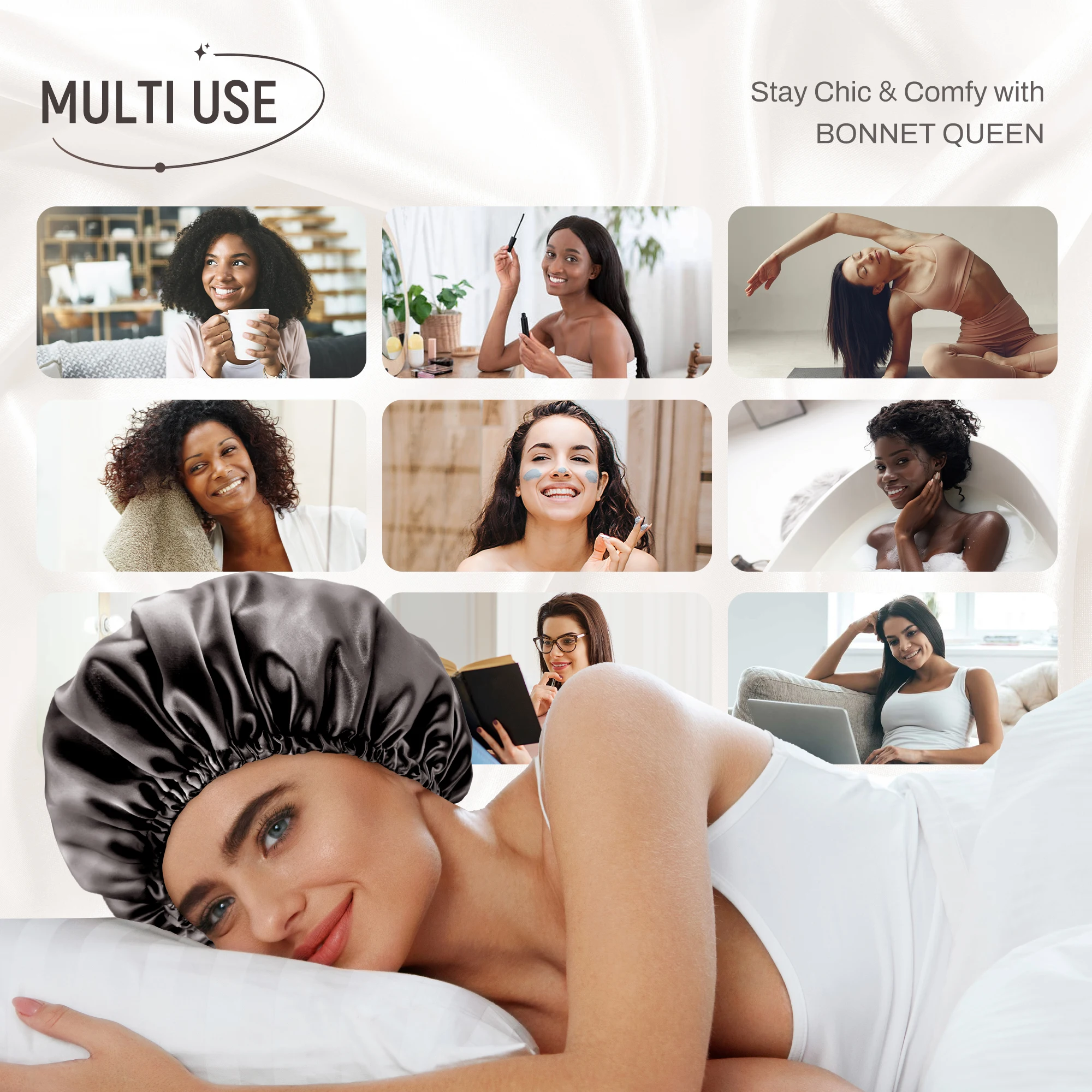 Bonnet Queen 4 pezzi Set cofano in raso di seta per donna