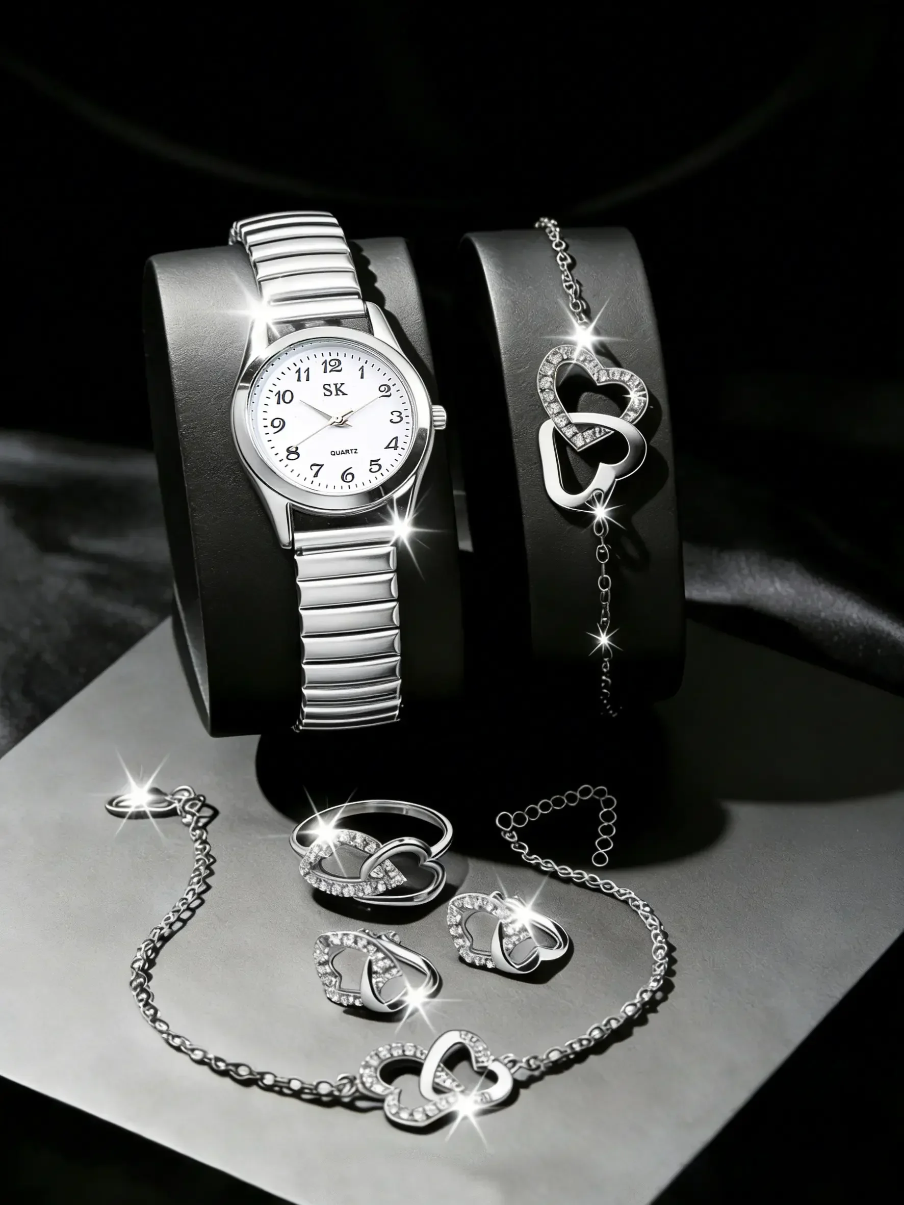 Elegant Ladies 5Pcs Watch Set Silver Elastic Metal Band Quartz Watch Round Number Dial Interlocking Heart Rhinestone Jewelry
