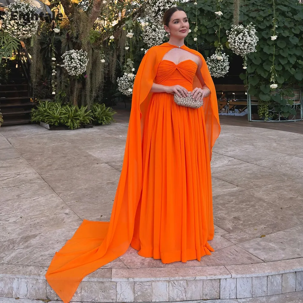 

Eightale Arabic Orange Evening Dresses for Wedding Party Strapless Pleats Chiffon A-Line Formal Customized Prom Gowns