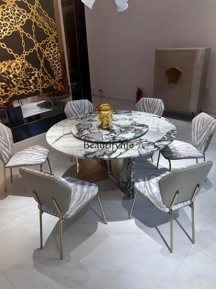 

Italian light luxury stainless steel marble round dining table and chair combination with turntable high luxury customization
