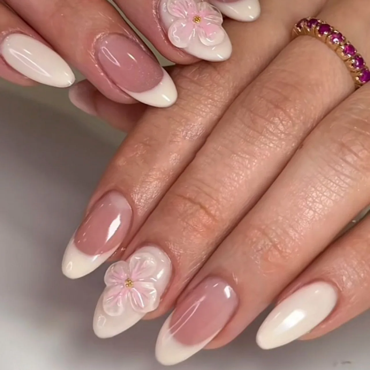 

24PCS Nude White Medium Almond Fake Nails with 3D Pink Floral Press on Nails Elegant French Tip Nail Art for Women Daily Design