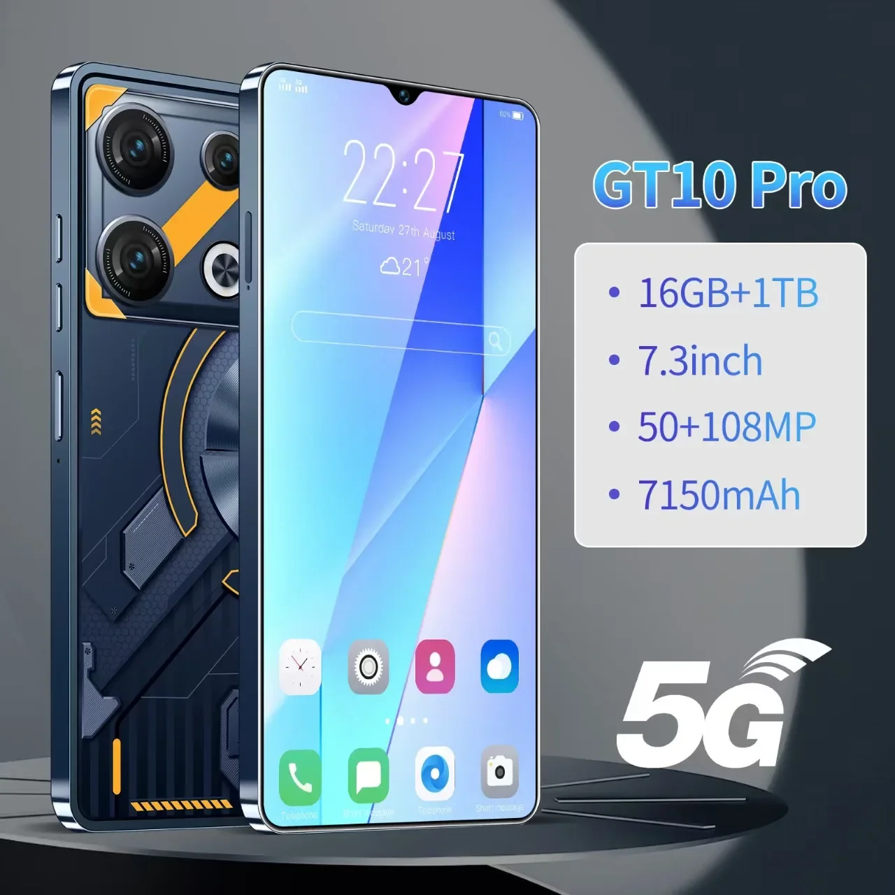 НОВЫЕ мобильные телефоны GT10 Pro 7.3 HD Распознавание лиц Оригинальный 5G Dual Sim Android Распознавание лиц Разблокированный сотовый телефон 108 МП