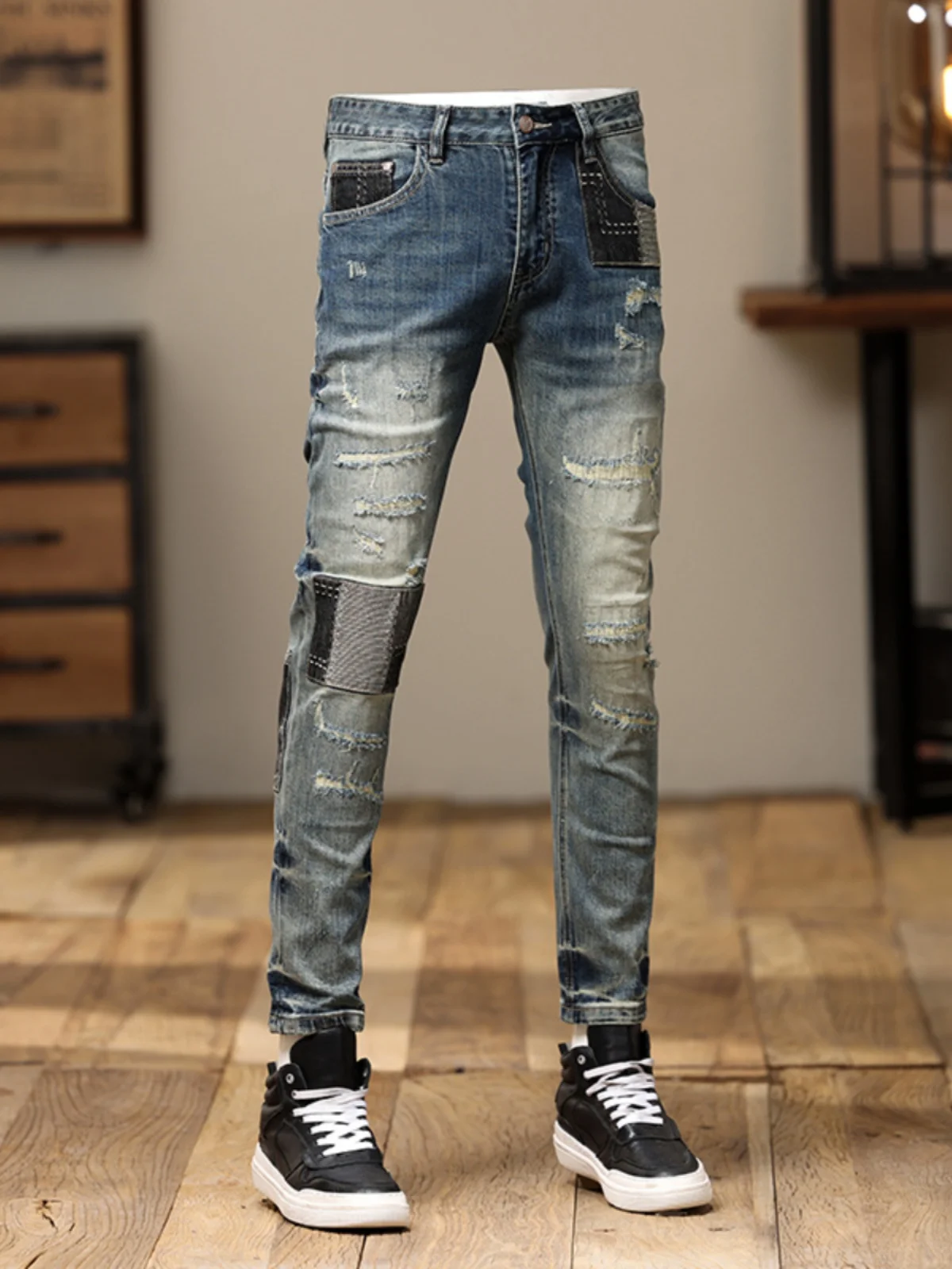 Autumn Winter Men's Casual Patchwork Denim Jeans Elastic Waist Torn Patch Repair Slim Fit Small Leg Pants Cotton Stretch