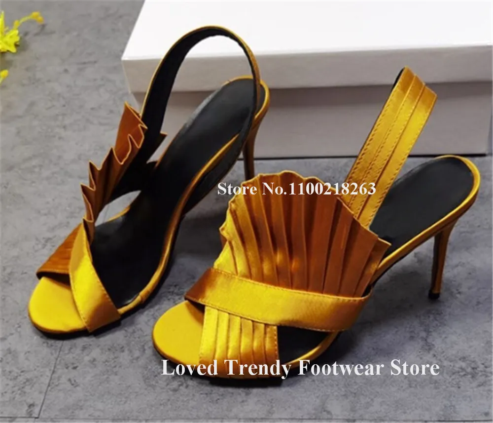 Women Elegant Pink Purple Gold Red Satin Ruffles Stiletto Heel Sandals Open Toe Fringes Straps Thin Heel Party Heels