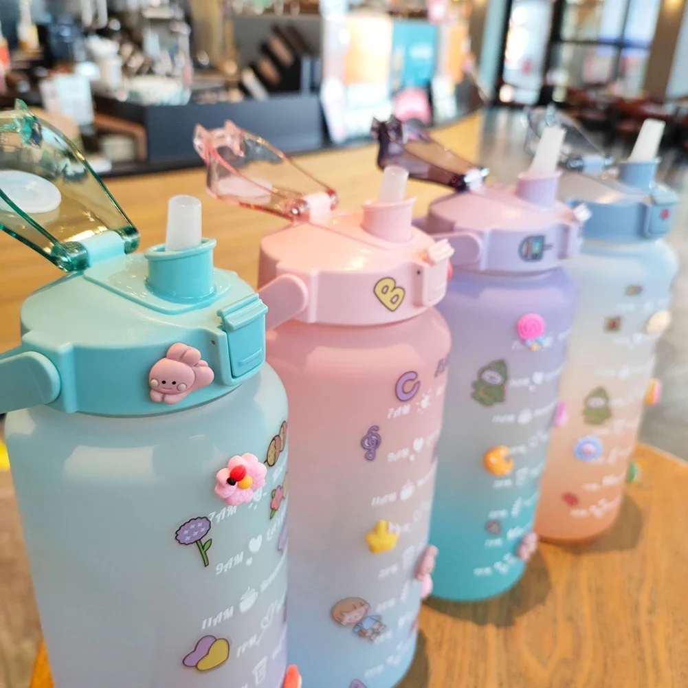 2000ml Large Capacity Water Bottle Cute Gradient Color Time Scale Outdoor Travel Sports Frosted Water Cup Leak Proof Drinkware