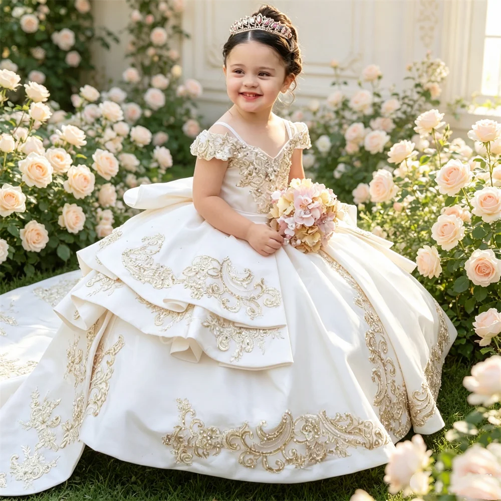 Customized White Satin Gold Appliques with Bow Flower Girl Dresses for Wedding Layered Tailing Prom Princess Banquet Ball Gown