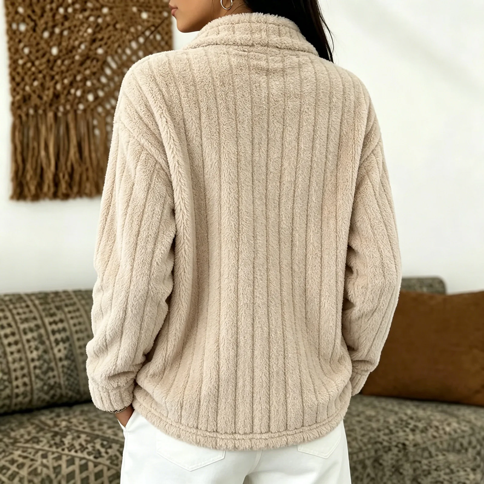 Women's Autumn Winter Turn Collar Ribbed Fleece-lined Warm Zip-up Long-sleeved Sweatshirt