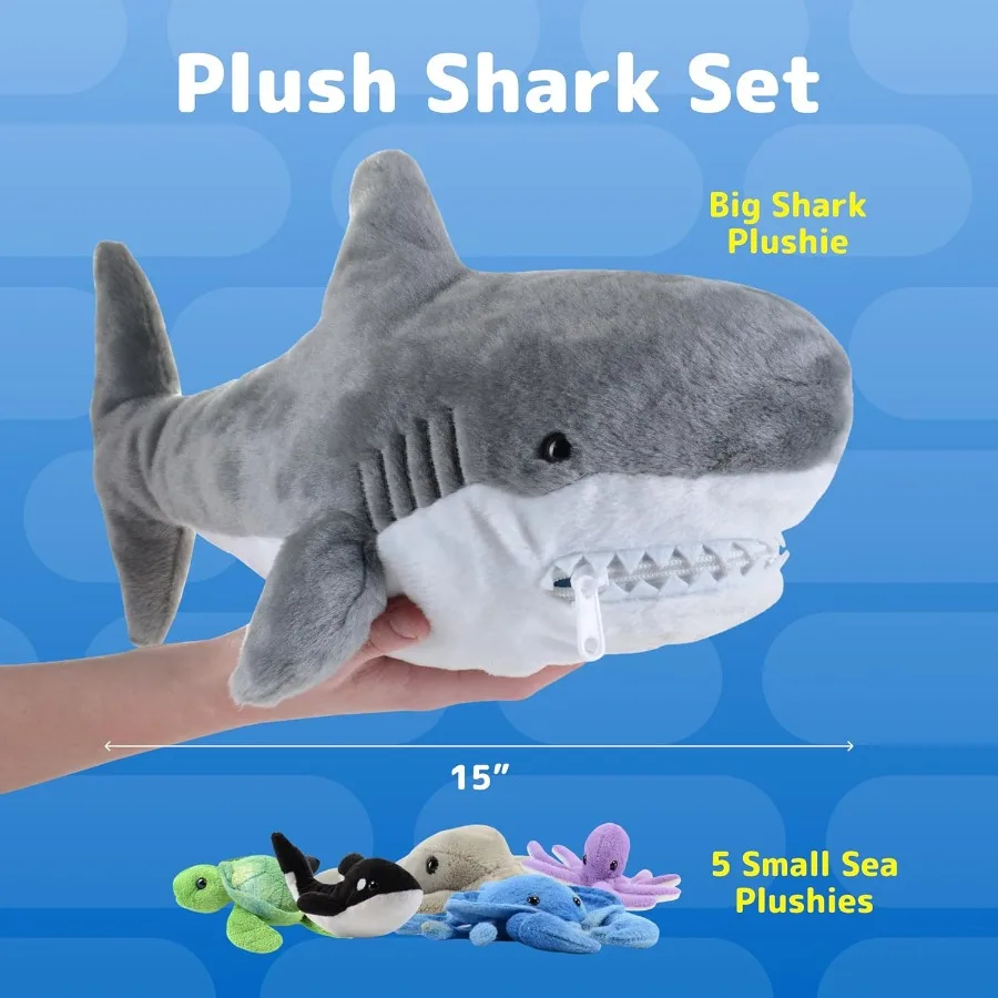 Giant Plush Shark Toy with 5 Sea Animals Turtle Whale Octopus Stingray Crab - Soft Stuffed Animal for Aged 3 Up - Fun Gift for