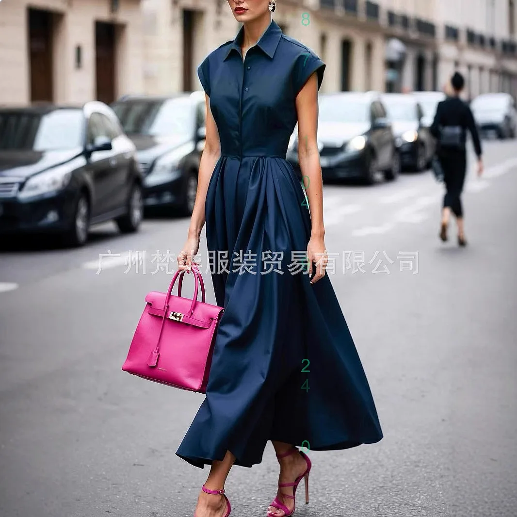 

Fashion Elegant Solid Color Waist Dress Casual Blouse Long Dresses Spring Summer Matching Set