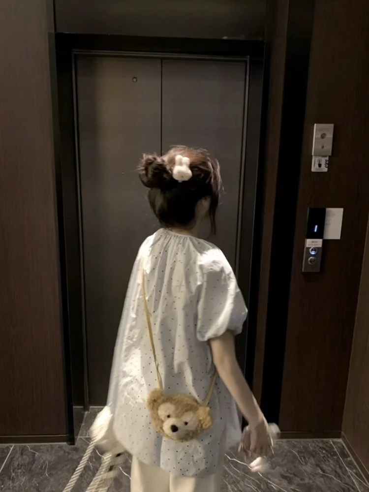 

Summer Polka Dot Bubble Sve irt Women's Loose Casual Lazy Sle Midi Length Belted Doll Top round Ne ort Sve