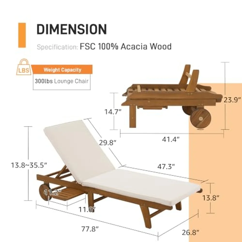 Patio Acacia Wood Chaise Lounge Chair Pull Out Table Cream