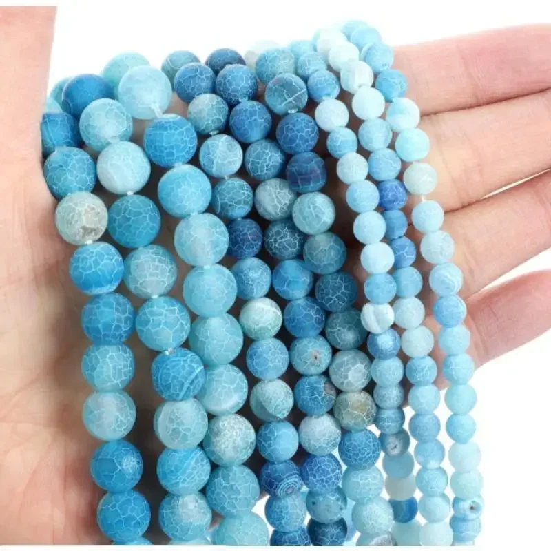 Fashion Natural Stone  Blue Frosted Crack Agate Charm Loose Bead DIY Round Beads Jewelry Accessories