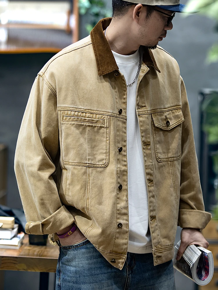 American Style Loose Fit Men's Denim Jacket Spring Autumn Casual Shirt Large Size Workwear Jacket with Pockets Cotton Material