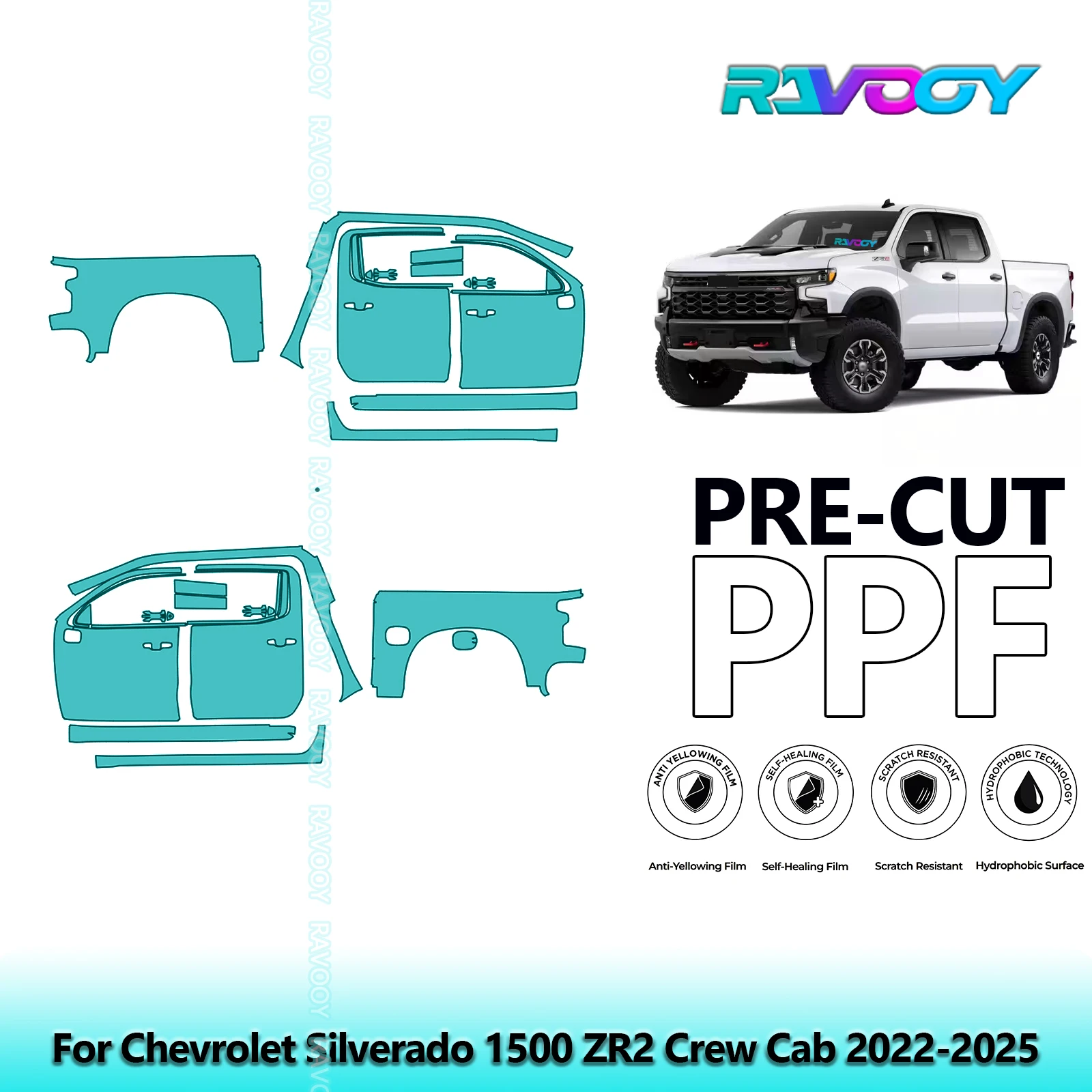 

For Chevrolet Silverado 1500 ZR2 Crew Cab 2022-2025 8.5mil Pre-Cut PPF Door & A/B Pillar Kit TPU Paint Protection Film Set