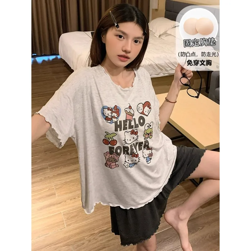 

Hello Kitty pajamas with chest pads New short-sleeved shorts Pure cotton two-piece set Casual Hello Kitty women's loungewear