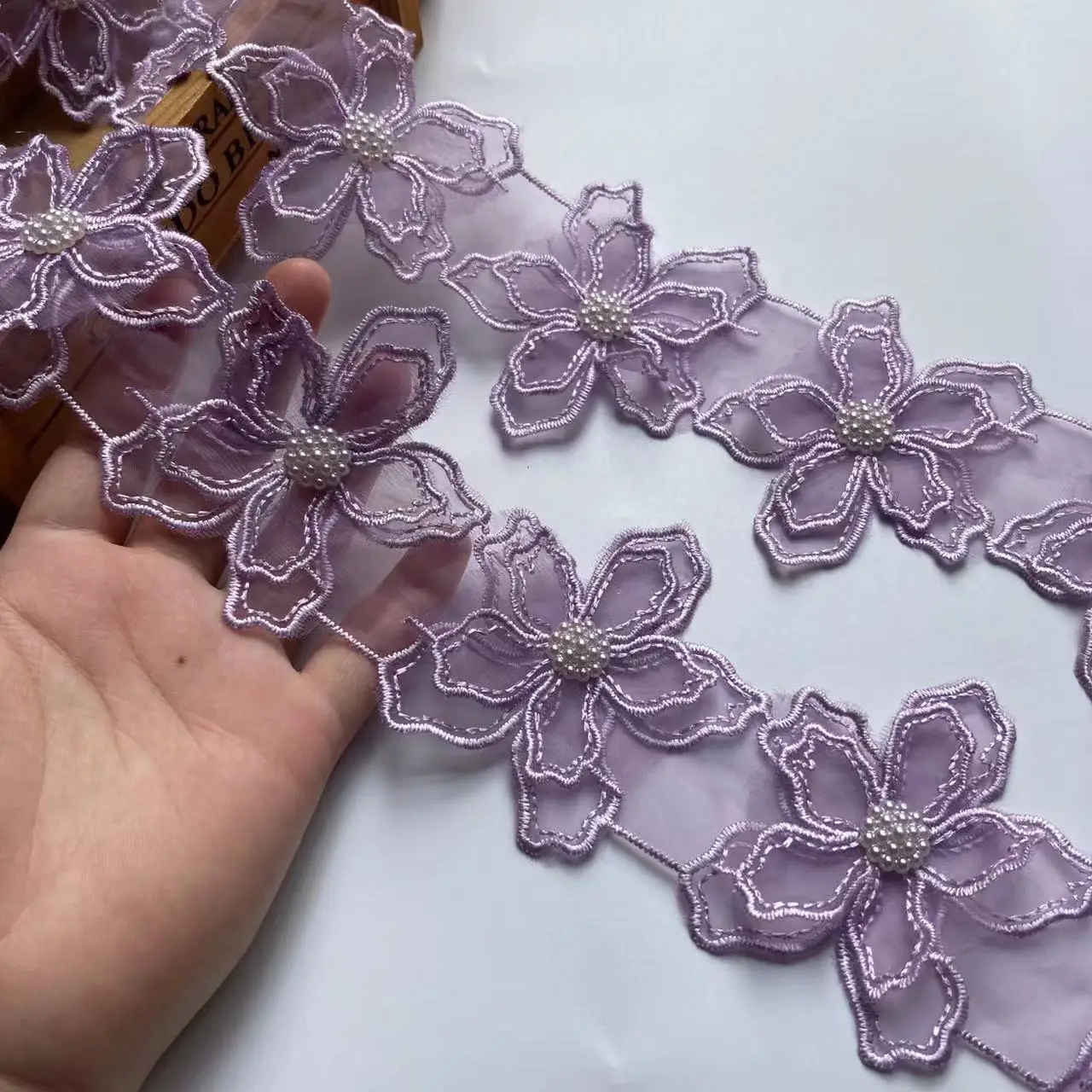 1 Yard 7.5cm Purple Pearl Beaded Embroidered Flower Lace Trim Floral Applique Patches Fabric Sewing Craft Vintage Wedding Dress