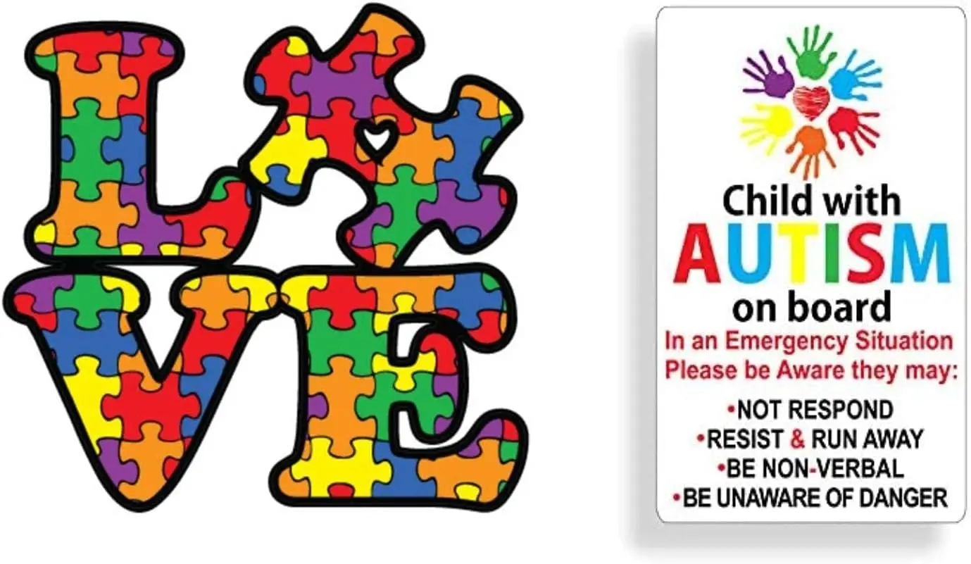 2 Pack Autism Awareness Love Puzzle And Child With Autism On Board Waterproof PVC Sticker For Vehicle Rear Window Decal